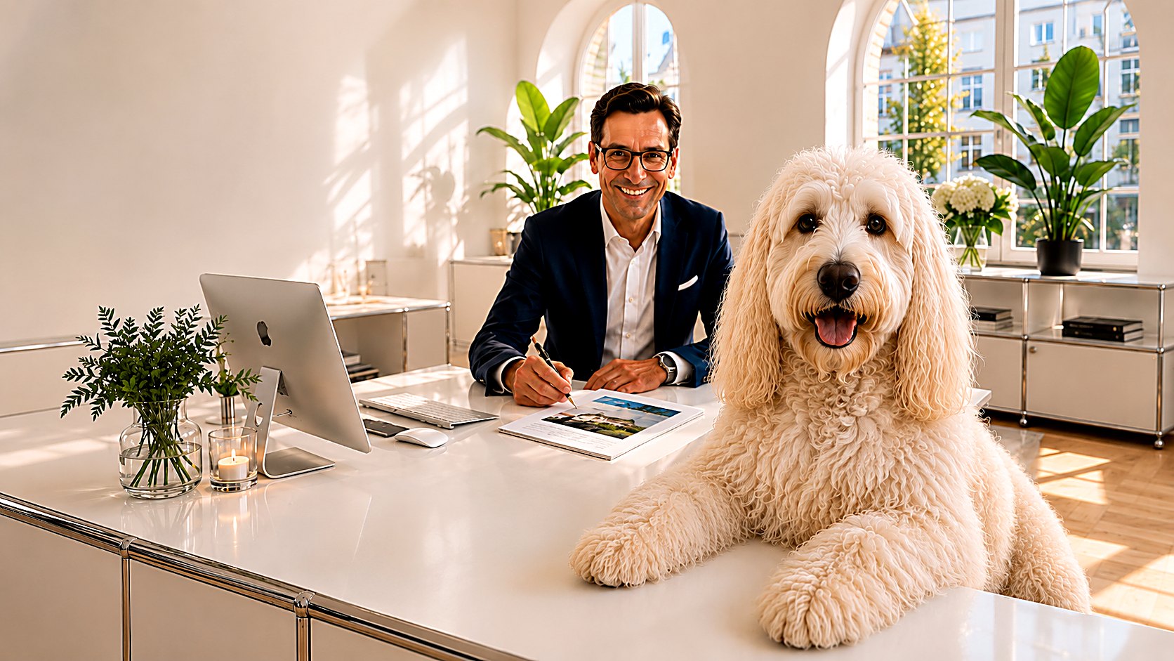 Persönliche Verkaufs- und Bewertungsberatung bei Immobilienservice OWL in Bad Oeynhausen – Makler mit Exposé und Bürohund Luna