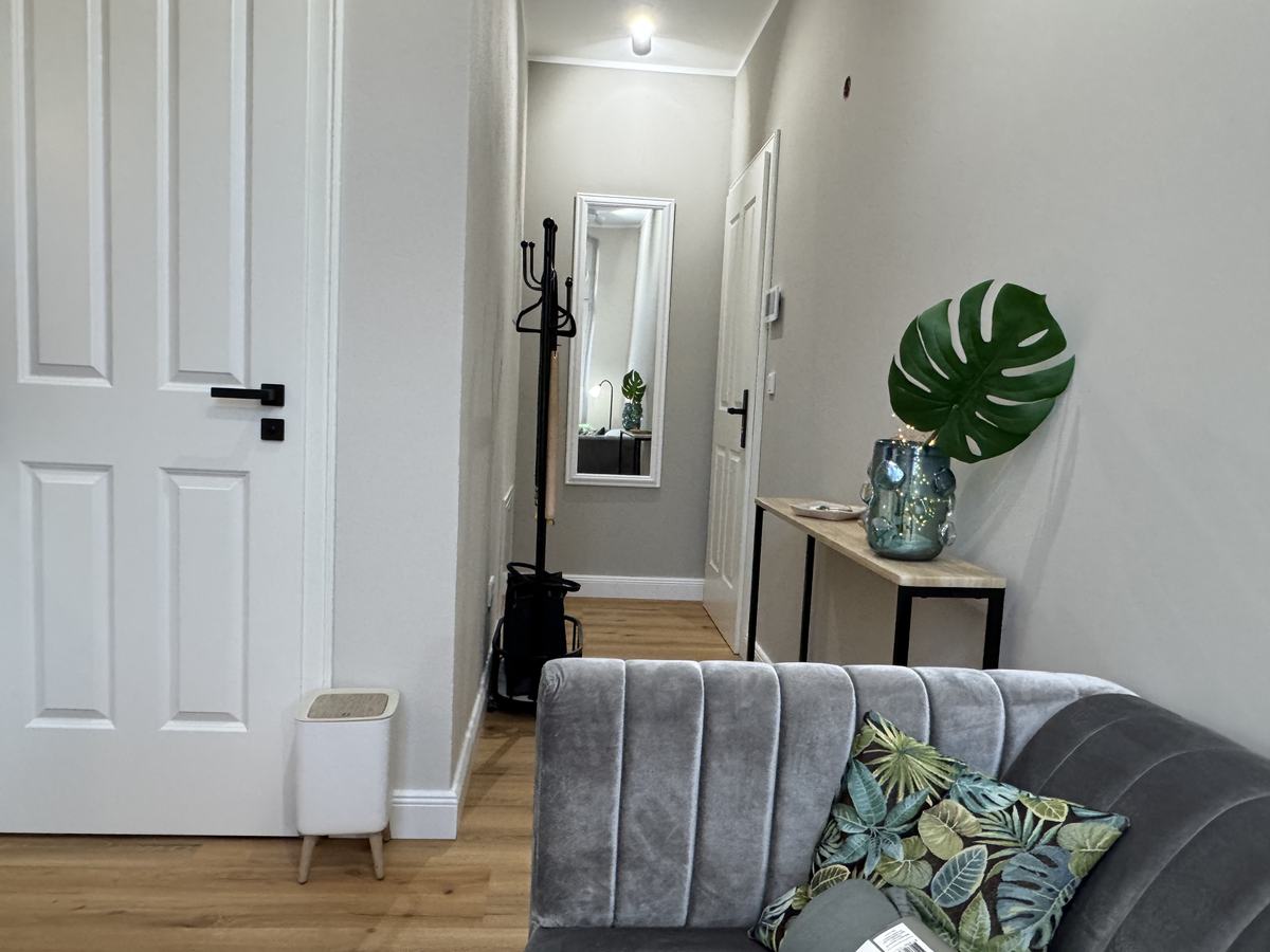 Flur mit Garderobe, Spiegel und Blick in den Wohnraum