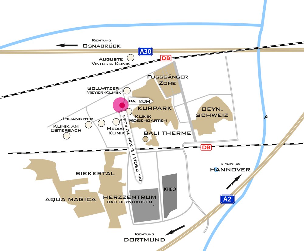 Anfahrtsskizze: Lage am Kurpark, Kliniken, Bahnhof, A30 und A2