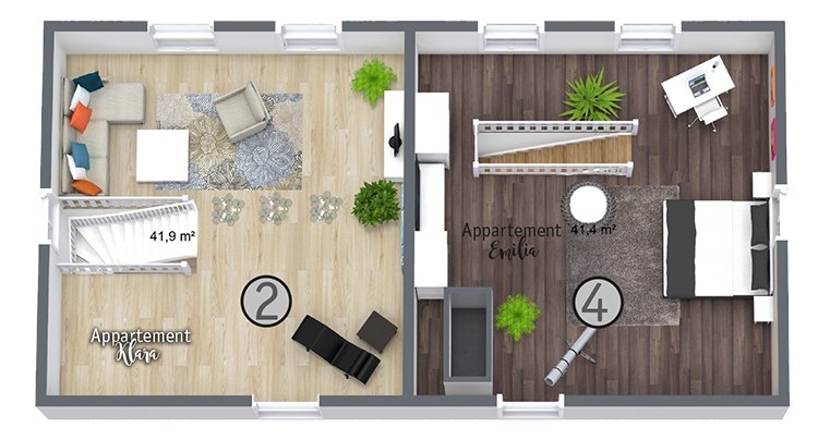 Farbige Ansicht der Maisonette-Ebene im Dachgeschoss